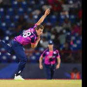 Brad Wheal in action against Australia at the T20 World Cup