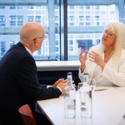 First Minister John Swinney pictured during an interview with journalist Lesley Riddoch at the V&A in Dundee