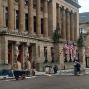 Film crews transform landmark Glasgow building into vintage New York