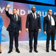 Tom Tugendhat (far right) has been knocked out of the contest with James Cleverly (second from right) now in the lead