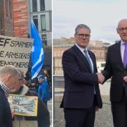 Protesters gathered outside the Queen Elizabeth House where Keir Starmer met with John Swinney and other UK leaders