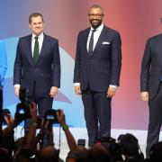 (left to right) Tory leadership candidates, Kemi Badenoch, Robert Jenrick ,James Cleverly and Tom Tugendhat, stand together on stage