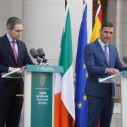 Taoiseach Simon Harris (left) and Spanish Prime Minister Pedro Sanchez speaking to the media in April