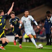 Portugal superstar Cristiano Ronaldo gets on the ball in the Nations League game against Scotland at Hampden tonight