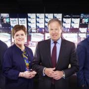 A promo shot of George Osborne, Nicola Sturgeon, Tom Bradby, and Ed Balls issued ahead of ITV's General Election coverage