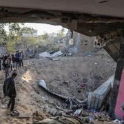 A view of destroyed buildings at the al-Manera neighbourhood