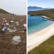 File photos showing a pristine beach in the Scottish islands, and litter on a beach on the mainland