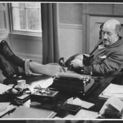 Eric Linklater (1899-1974) the Scottish writer at his writing desk, at home on the north-east coast of Scotland where he lives with his wife, close to his native Orkney