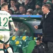 Celtic manager Brendan Rodgers, right, gives out instructions to his captain Callum McGregor at Parkhead on Tuesday night