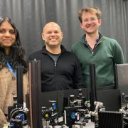 Physics researchers from Heriot-Watt University (L-R) Sheena Sothaji, Professor Brian Gerard and Frederik Brooke Barnes