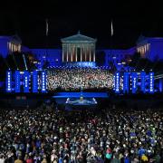 US Vice President and Democratic presidential candidate Kamala Harris speaks during a campaign rally on the Benjamin Franklin Parkway in Philadelphia, Pennsylvania