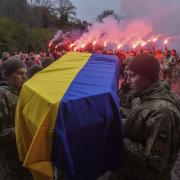 Honour Guard carry a coffin of fallen Ukrainian serviceman of 3rd assault brigade Danylo Liashkevych, known as 