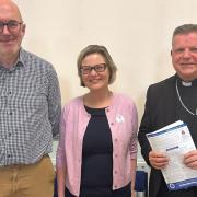 Dr Gillian Wright pictured with Bishop John Keenan (right) and Richard Lucas of the Scottish Family Party (left)