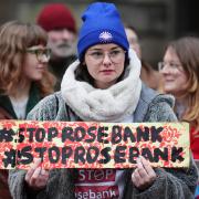 Climate activists from Greenpeace and Uplift during a demonstration outside the Scottish Court of Session, Edinburgh, on the first day of the Rosebank and Jackdaw judicial review hearing