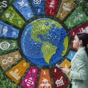 A person walks past art in the Turkey Pavilion at COP29