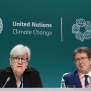 Rachel Kyte, UK climate envoy, and Albert Rosti, of Switzerland, attend a session on climate targets at Cop29 (AP Photo/Sergei Grits/PA)