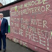 DUP leader Gavin Robinson has voiced concern at the daubing of graffiti on a wall at the Royal Victoria Hospital in Belfast (DUP/PA)