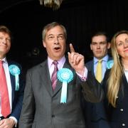 Brexit Party leader Nigel Farage (centre) with Brexit Party chairman Richard Tice (left) and candidates Michael Heaver and June Mummery at the Sugar Hut in Brentwood