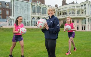 Fiona Leckie, from Crieff Hydro Family of Hotels, launched a new partnership with Netball Scotland alongside Katie Farquhar (WA bib) and Doriana King (GA bib)