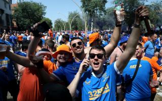 Rangers fans in the Alameda de Hercules before the UEFA Europa League Final at the Estadio Ramon Sanchez-Pizjuan, Seville. Credit: PA