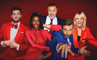 From left: Joel Dommett, AJ Odudu, Paddy McGuinness, David Tennant, and Zoe Ball, for Comic Relief Red Nose Day 2023