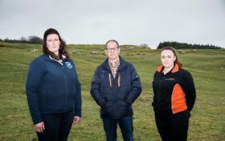 L-R NSA regional co-ordinator Grace Reid, Jim Fairlie MSP and Vet Hannah McKerrow want to highlight several incidences in the past few weeks of attacks by dogs on lambs, and aiming to develop public awareness of this issue
