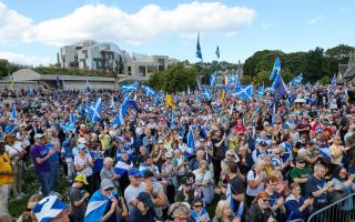 Believe In Scotland and Yes For EU rally crowds in front of the Scottish Parliament at Holyrood