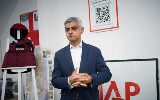 Mayor of London Sadiq Khan speaking to media during a visit to the charity Medical Aid for Palestinians