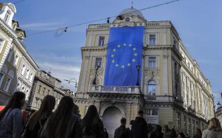 A view of European Union (EU) flags being hung on the streets as negotiations between EU and Bosnia and Herzegovina on the country's EU membership start