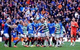 Rangers and Celtic players on the pitch after the final whistle of the Old Firm game on Sunday, April 7
