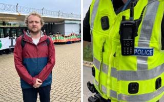 The National reporter Xander Elliards and a screenshot from the video of a police officer