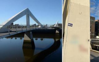 Racist anti-Irish graffiti, blurred in this image, was seen on Glasgow's Tradeston Bridge