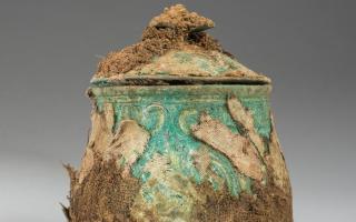 This lidded vessel is part of the hoard and believed to have come from West Asia