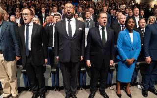 Tory leadership candidates Tom Tugendhat, James Cleverly, Robert Jenrick and Kemi Badenoch sing the national anthem