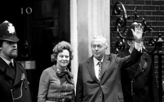 Prime Minister Harold Wilson with his wife Mary outside 10 Downing Street