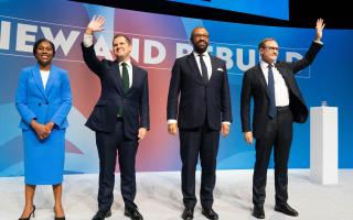 Tom Tugendhat (far right) has been knocked out of the contest with James Cleverly (second from right) now in the lead