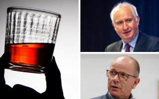 UK Food Minister Daniel Zeichner (top right), Scottish Agriculture Minister Jim Fairlie, and a glass of Scotch whisky