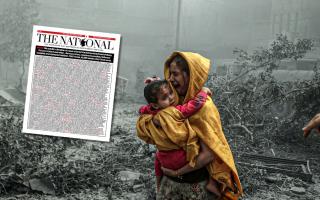 A woman holding a girl reacts after Israeli airstrikes hit the Ridwan neighborhood of Gaza City and, inset, our front page