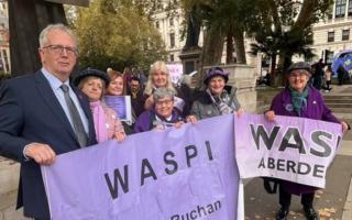 SNP MP Seamus Logan pictured with Waspi campaigners outside Parliament