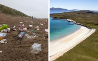 File photos showing a pristine beach in the Scottish islands, and litter on a beach on the mainland