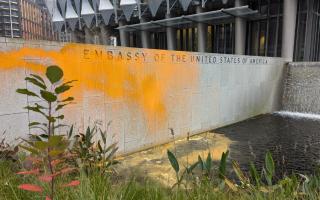 Just Stop Oil activists shared footage on social media of them spraying an exterior wall of the US embassy