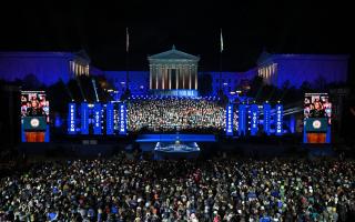 US Vice President and Democratic presidential candidate Kamala Harris speaks during a campaign rally on the Benjamin Franklin Parkway in Philadelphia, Pennsylvania