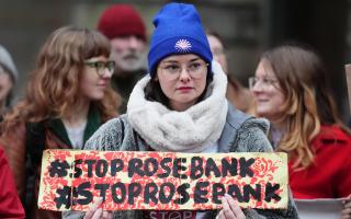 Climate activists from Greenpeace and Uplift during a demonstration outside the Scottish Court of Session, Edinburgh, on the first day of the Rosebank and Jackdaw judicial review hearing