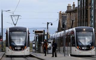 Trams on St Andrews Square in Edinburgh tuesday. STY DONNELLY.Pic Gordon Terris/The Herald.12/5/15.